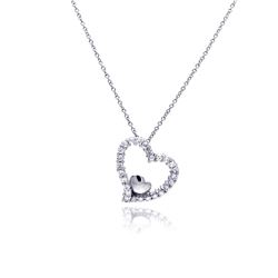 Sterling Silver Clear CZ Rhodium Plated Heart Pendant Necklace stp00213