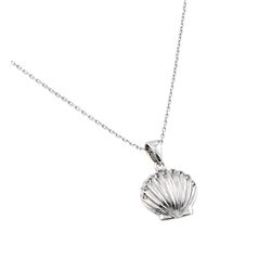 Sterling Silver Rhodium Plated Clear CZ Stone Clam Shell Pendant Necklace bgp00848