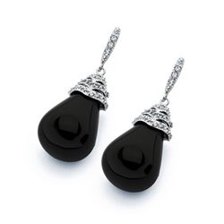 Sterling Silver Rhodium Plated Black Pear Teardrop CZ Dangling Stud Earring bge00348