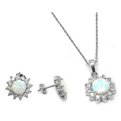 Sterling Silver Rhodium Plated Opal Sun CZ Stud Earring & Necklace Set STS00488