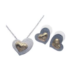 Sterling Silver Rhodium & Gold Plated Matte Finish Shell Heart Stud Earring & Necklace Set bgs00095