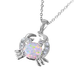 Sterling Silver Rhodium Plated Crab with CZ and Synthetic Opal Center Stone - BGP01070WHT