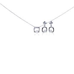 Sterling Silver Rhodium Plated Open Square CZ Dangling Stud Earring & Necklace Set sts00259