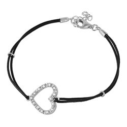 Sterling Silver CZ Open Heart Leather Strap Bracelet BGB00153