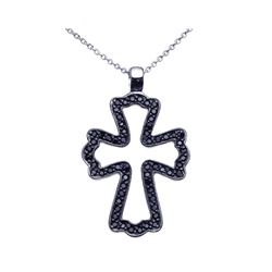 Sterling Silver Black Rhodium Plated Black CZ Cross Pendant Necklace stp00936
