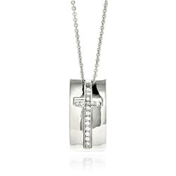 Rhodium Plated Brass High Polish Cross Rectangle Back Clear CZ Pendant Necklace bbp00139
