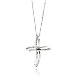 Rhodium Plated Brass Clear CZ Double Cross Pendant Necklace bbp00005