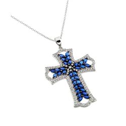 Sterling Silver Rhodium Plated Clear and Blue CZ Stone Cross in Black Setting Pendant Necklace - BGP