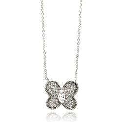 Rhodium Plated Brass Round Butterfly Clear CZ Pendant Necklace bbp00110