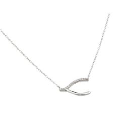 Sterling Silver Rhodium Plated Clear CZ Wishbone Pendant Necklace stp01393