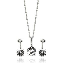 Sterling Silver Rhodium Plated Round CZ Dangling Earring & Necklace Set sts00233