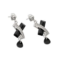 Sterling Silver Rhodioum Plated Black Baguette Teardrop Channel CZ Stud Earring BGE00103