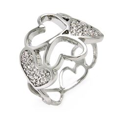 Rhodium Plated Brass Multi Open Heart Clear CZ Ring bbr00071
