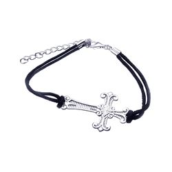 Sterling Silver Rhodium Plated Cross Black Cord Bracelet stb00351