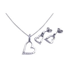 Sterling Silver Rhodium Plated Open Heart CZ Stud Earring & Necklace Set sts00260