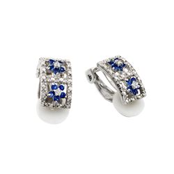 Sterling Silver Rhodium Plated Flower Round Blue & Clear CZ Hoop Earring STE00741
