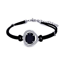 Sterling Silver Rhodium Plated Black CZ Black Leather Cord Bracelet stb00437