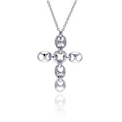 Sterling Silver Rhodium Plated Open Oval Clear CZ Cross Pendant Necklace bgn00027