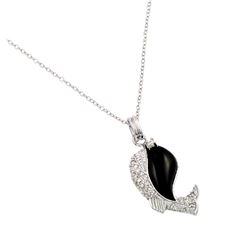 Sterling Silver Rhodium Plated Clear CZ Stone Onyx Whale Pendant Necklace - BGP00855BLK