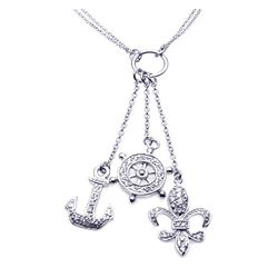 Sterling Silver Rhodium Plated Clear CZ Anchor Flor De Lis Pendant Necklace stp00851