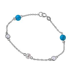 Sterling Silver Link Bracelet with Turquoise Beads, Synthetic Pearl and CZ - BGB00259