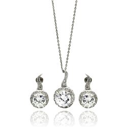 Sterling Silver Rhodium Plated Clear Round CZ Hanging Stud Earring & Hanging Necklace Set bgs00258