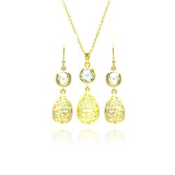 Sterling Silver Gold Plated Teardrop Round CZ Dangling Stud Earring & Necklace Set sts00374