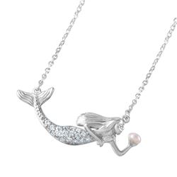 Sterling Silver Rhodium Plated Clear CZ Mermaid Pendant Necklace BGP01046