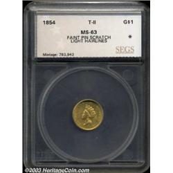 1854 G$1 Type Two MS63 Faint Pin Scratch, Light Hairlines SEGS (MS60 Altered Surfaces).