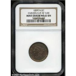 1857 1/2 C Half Cent--Curved Clip at 3:00--MS63 Red and Brown NGC.