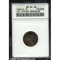 1969-D 1C Cent--First Strike Brockage--MS64 Red and Brown ANACS.