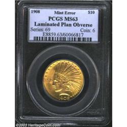 1908 $10 With Motto Indian Eagle--Laminated Planchet Obverse--MS63 PCGS.