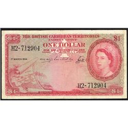 British Caribbean Territories, 1 Dollar, 1st Mar 1954,  Pick#  7b, Brtish Admin, SL# H2-712904, FINE