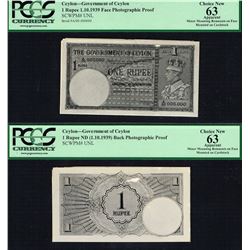 Ceylon, 1 Rupee, 1.10.1939, UNL, PHOTOGRAPHIC ESSAY, KING GEORGE VI, SL# A/00-000000, PCGS 63 UNC