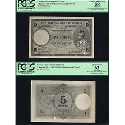 Ceylon, 5 Rupees, 1.10.1939, UNL, PHOTOGRAPHIC ESSAY, GEORGE VI, SL# C/00-000000, PCGS 58 & 63 UNC