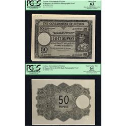 Ceylon, 50 Rupees, 1.10.1939, UNL, PHOTOGRAPHIC ESSAY, GEORGE VI, SL# E/00-000000, PCGS 63 & 64 UNC