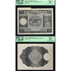Ceylon, 100 Rupees, 1.10.1939, UNL, PHOTOGRAPHIC ESSAY, GEORGE VI, SL# F/00-000000, PCGS 63 UNC