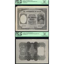 Ceylon, 500 Rupees, 1.10.1939, UNL, PHOTOGRAPHIC ESSAY, GEORGE VI, SL# G/00-000000, PCGS 63 UNC