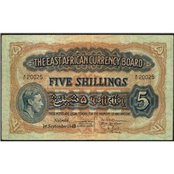 East Africa, 5 Shillings, 1st Sep 1943,  Pick#  28A, East African Currency Board, SL# B/71-20025, F