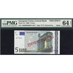 European Union -Spain, 5 Euors, 2002, Pick#  1S1, SPECIMEN, SL# V00000000004, PMG 64 EPQ UNC