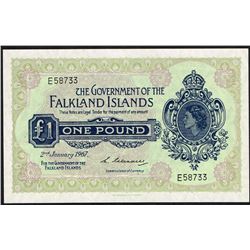 Falkland island, 1 Pound, 2nd Jan 1967,  Pick#  8a, British Administration, SL# E58733, UNC