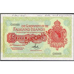 Falkland island, 5 Pounds, 30th Jan 1975, Pick#  9s, SPECIMEN, Brtish Admin, SL# C00000, UNC