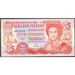 Falkland island, 5 Pounds, Pick#  12a, Commemorative 150th Anniversary 1833 - 1983, SL# A012210, UNC