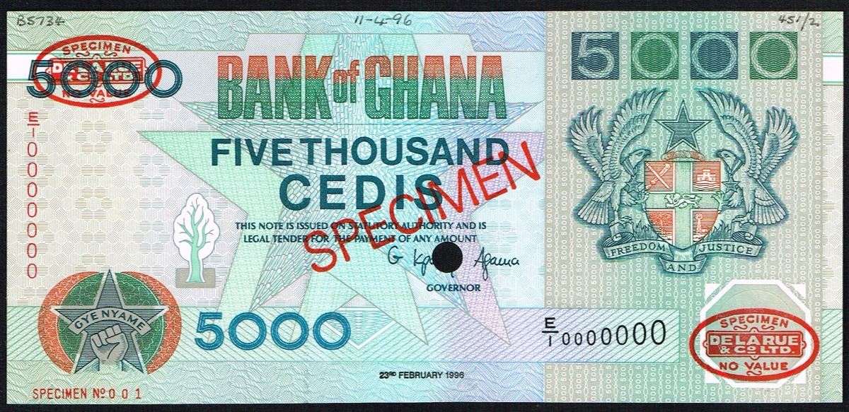 Ghana 5000 Cedis 1996 Pick 34a Specimen Bank Of Ghana Sl E1 0000000 Unc