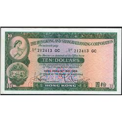Hong Kong, 10 Dollars, 21st May 1959,  Pick#  182a, HSBC, SL# 212413 GC, XF
