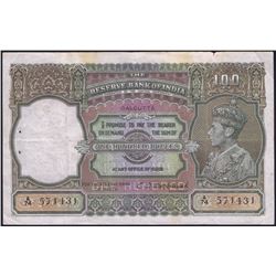 India, 100 Rupees, ND (1943),  Pick#  20e, Reserve Bank of India, SL# A/74 571431, VF