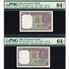 Image 1 : India, 1 Rupee, 1964,  Pick#  76b, 2 CONSECUTIVE, Republic, SL# A/20-534556-57, PMG 64 NET