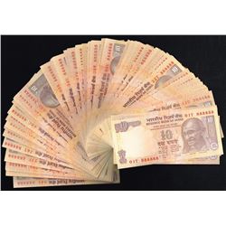 India, 10 Rupees, Mixed, SOLID FANCY # BUNDLE OF 100 NOTES, Reserve Bank, SL# ##X 888888, UNC