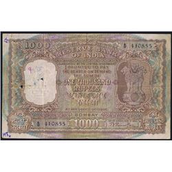India, 1000 Rupees, 1949-57, Pick# 46a, BOMBAY/INCORRECT HINDI, Republic, SL# A/0 410855, VF