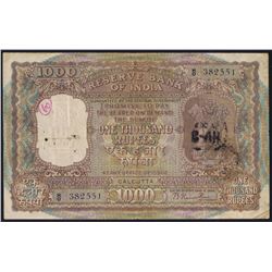 India, 1000 Rupees, 1954-57, Pick# 46b, CALCUTTA/INCORRECT HINDI, Republic, SL# H/0 382551, VF